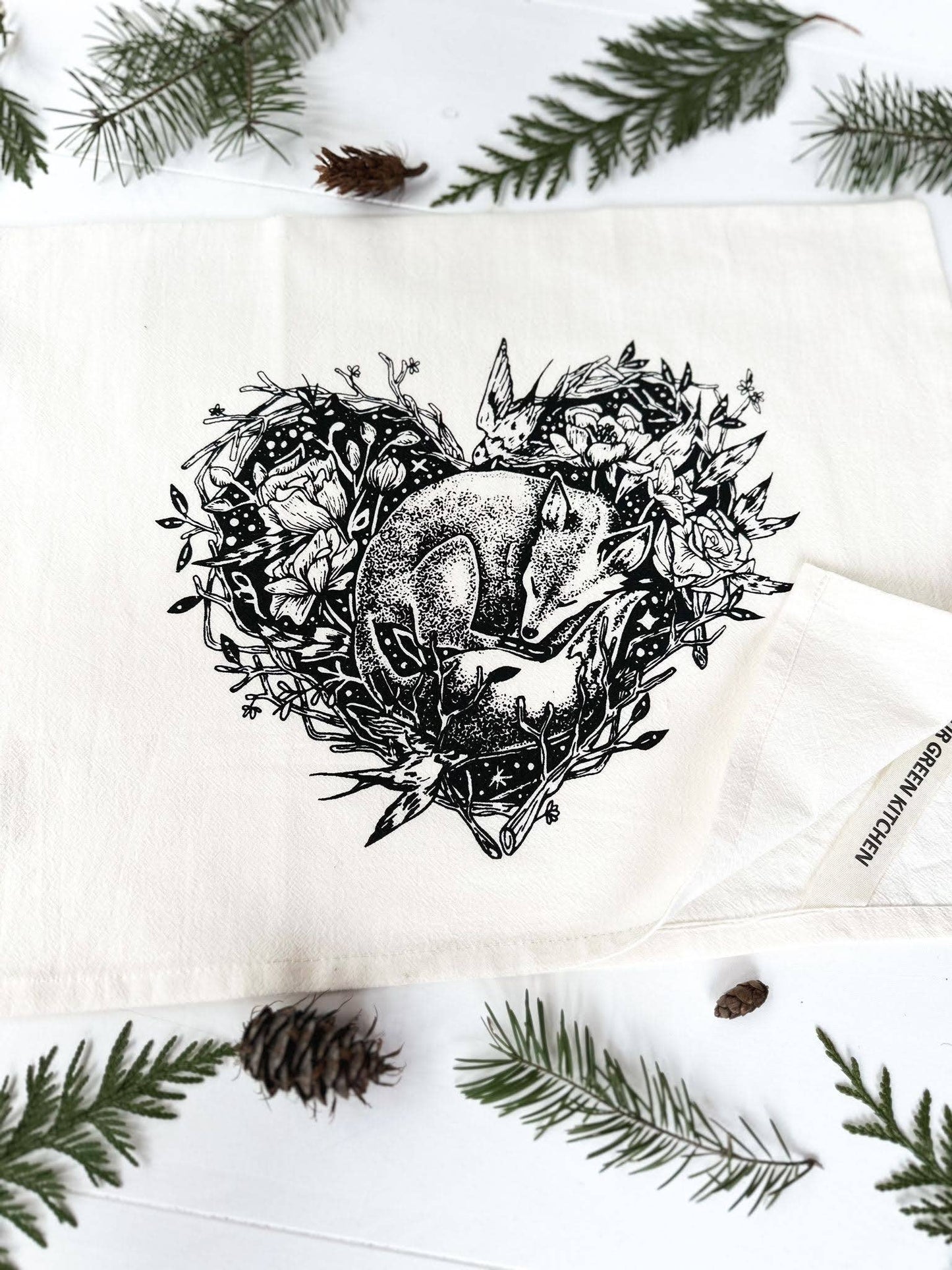Sleeping Fox Heart Tea Towel by Your Green Kitchen