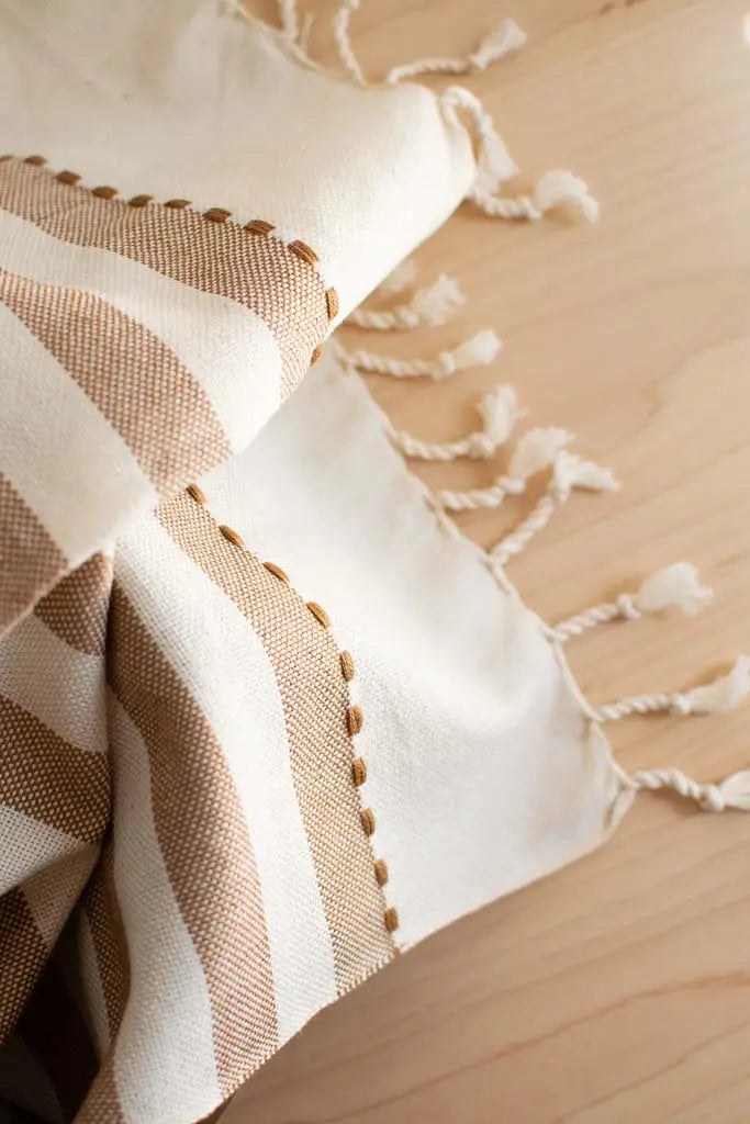 Oversized Woven Hand Towel in Tan Wide Striped by Fair + Simple