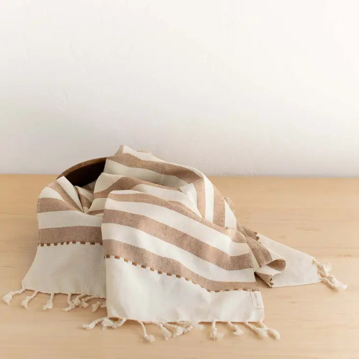 Oversized Woven Hand Towel in Tan Wide Striped by Fair + Simple