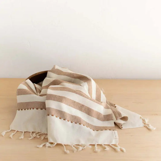 Oversized Woven Hand Towel in Tan Wide Striped by Fair + Simple