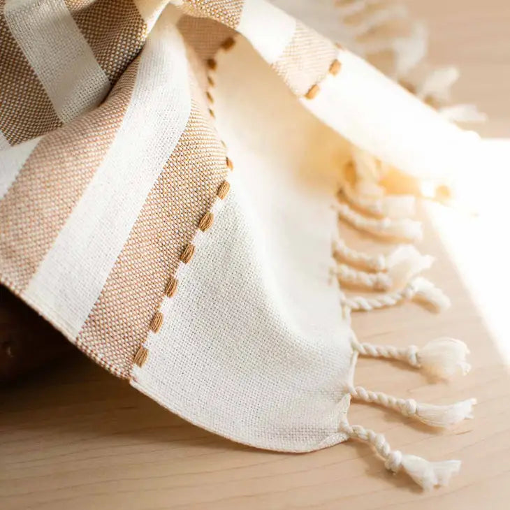 Oversized Woven Hand Towel in Tan Wide Striped by Fair + Simple