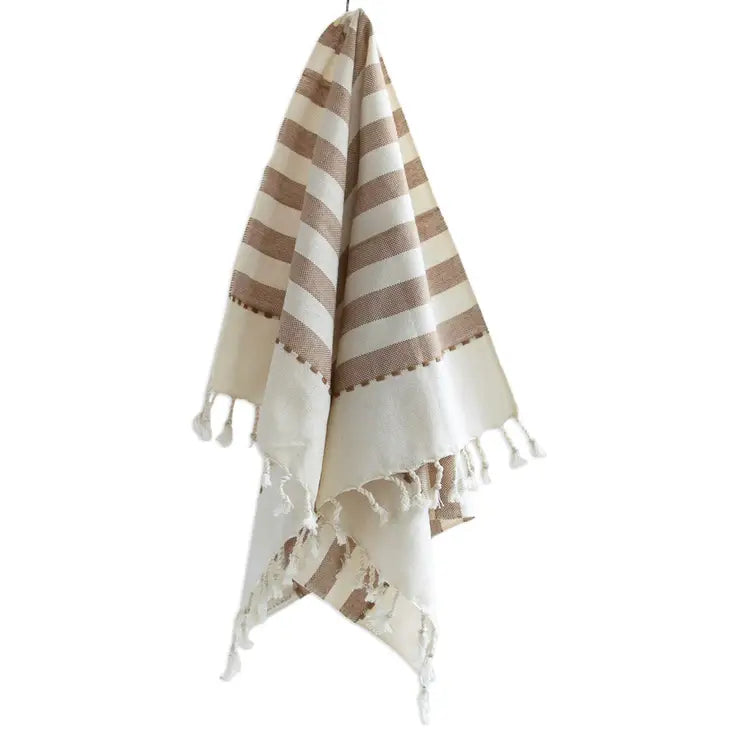 Oversized Woven Hand Towel in Tan Wide Striped by Fair + Simple